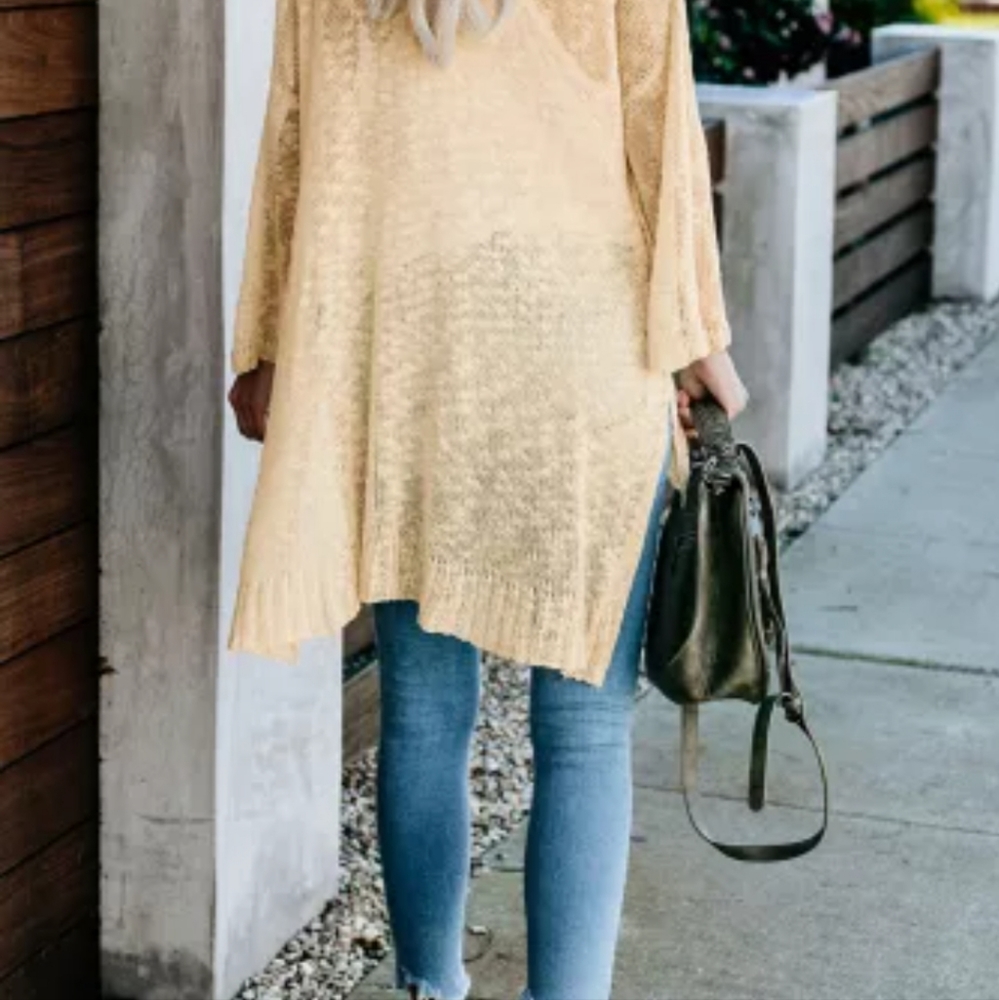 πNew Apricot Loose Lightweight V Neck Buttoned Sheer Knit Cardigan - Picture 5 of 17